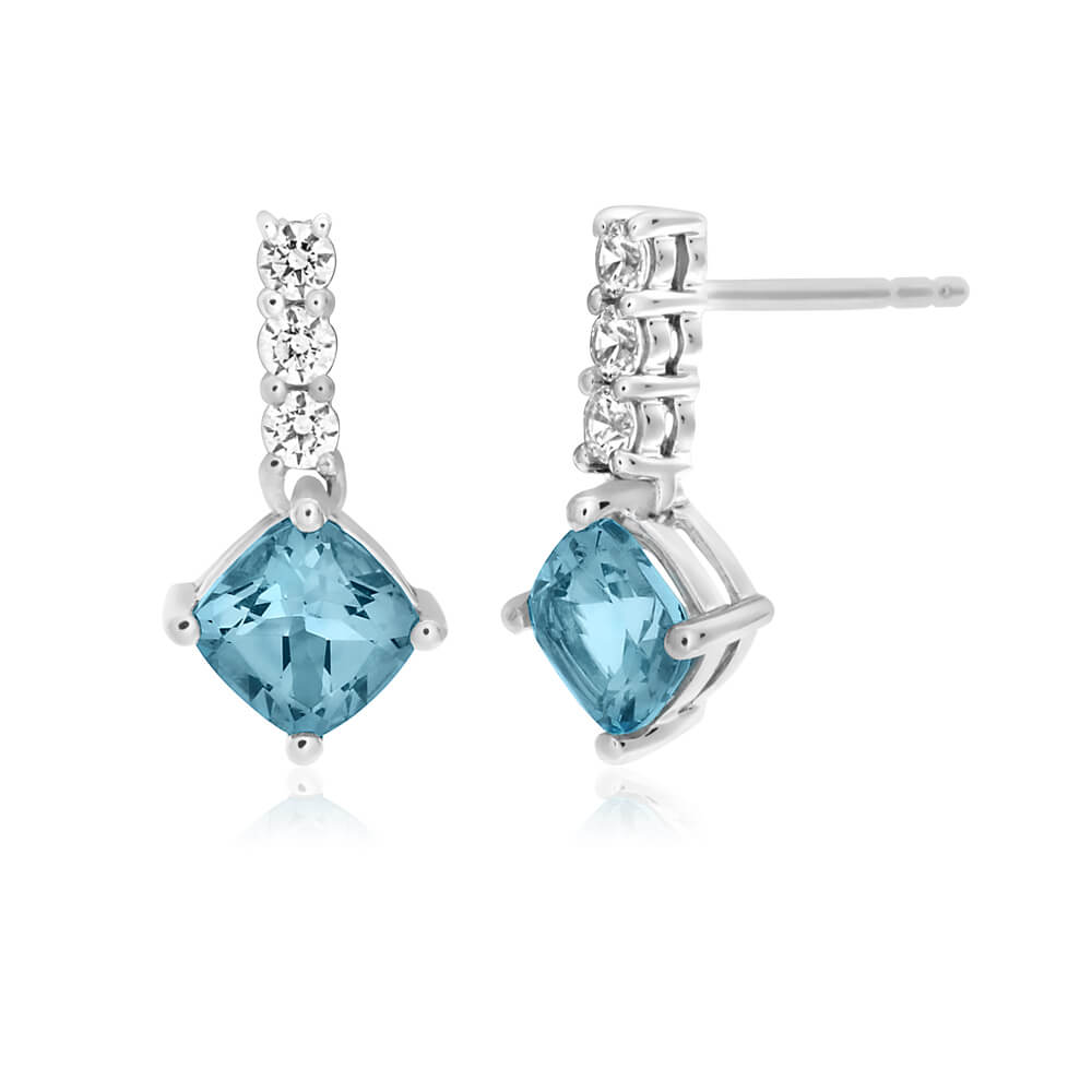 Stunning 9ct White Gold Drop Earrings with Blue Topaz and Zirconia Gemstones