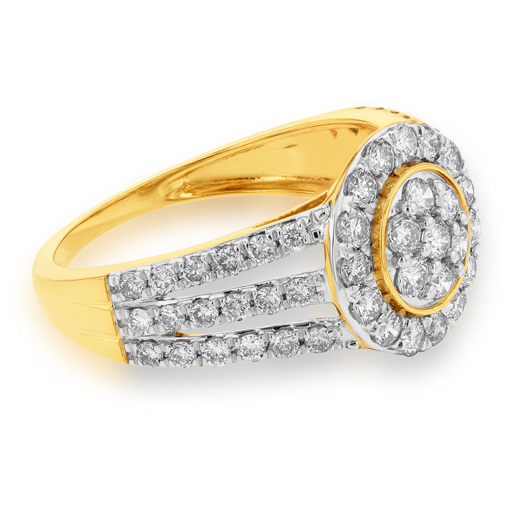 Stunning 9ct Yellow Gold 1-Carat Round Cluster Diamond Ring