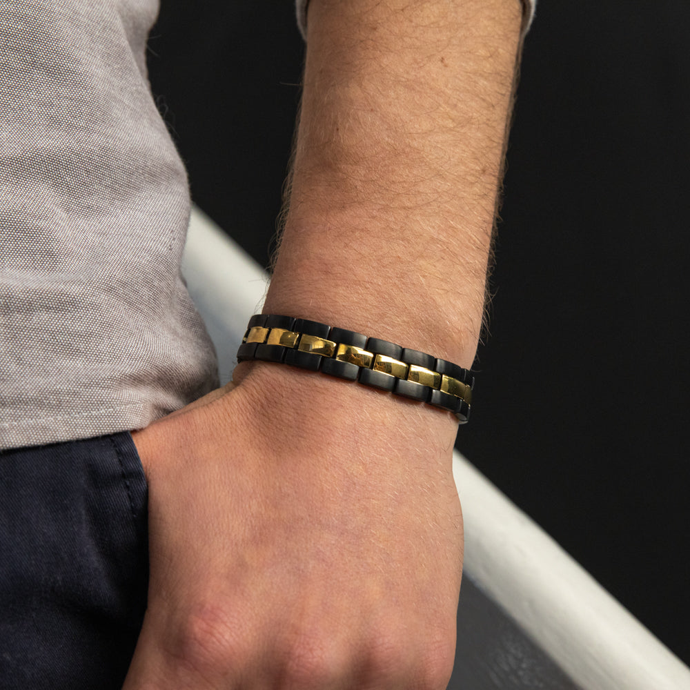 21cm Men's Stylish Black and Gold Plated Stainless Steel Bracelet