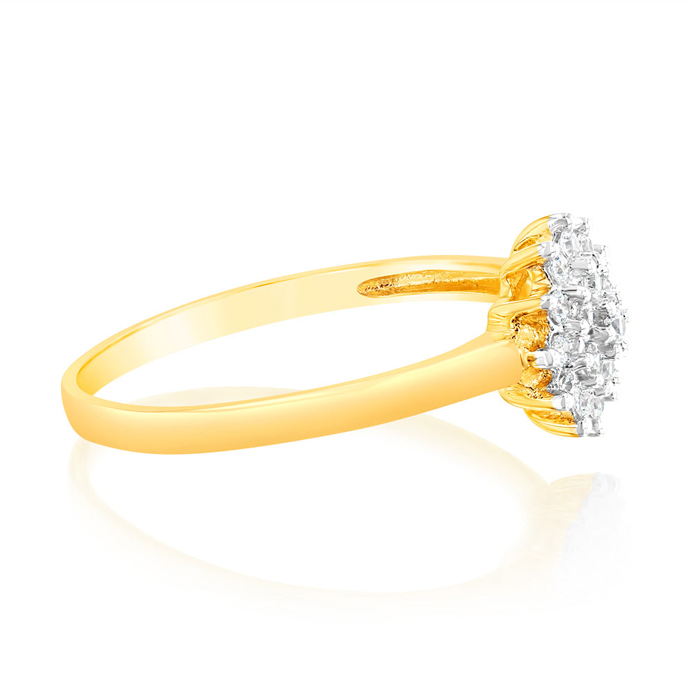 Exquisite 9 Carat Yellow Gold Ring with 19 Cubic Zirconias in a Stunning Flower Shape