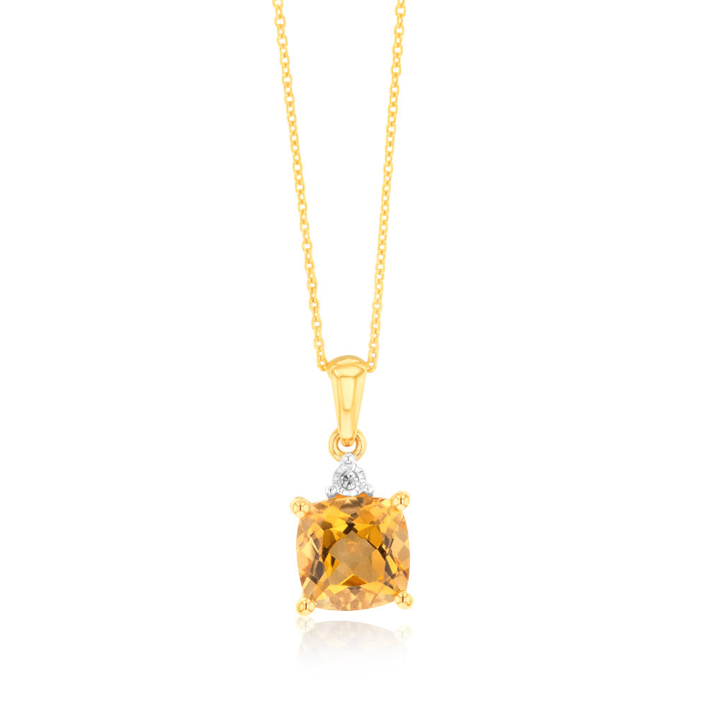 1.4ct Citrine and Diamond Pendant in 9ct Yellow Gold on 45cm Chain
