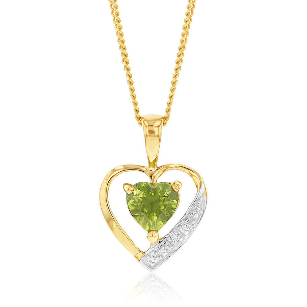 9ct Yellow Gold Peridot and Diamond Embellished Heart-Shaped Pendant for Jewelry Lovers
