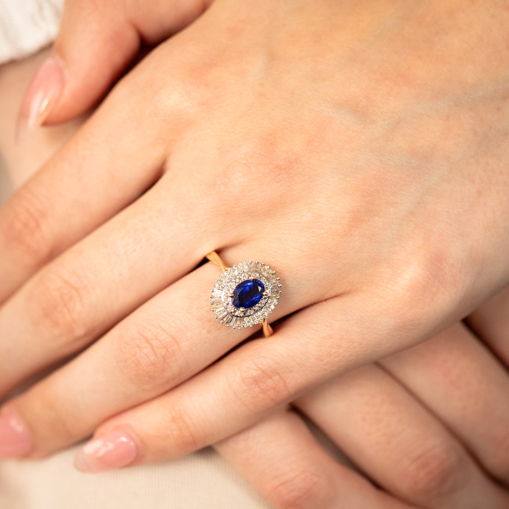 Exquisite 9ct Yellow Gold Ring Featuring Oval Created Sapphire and Sparkling Diamonds