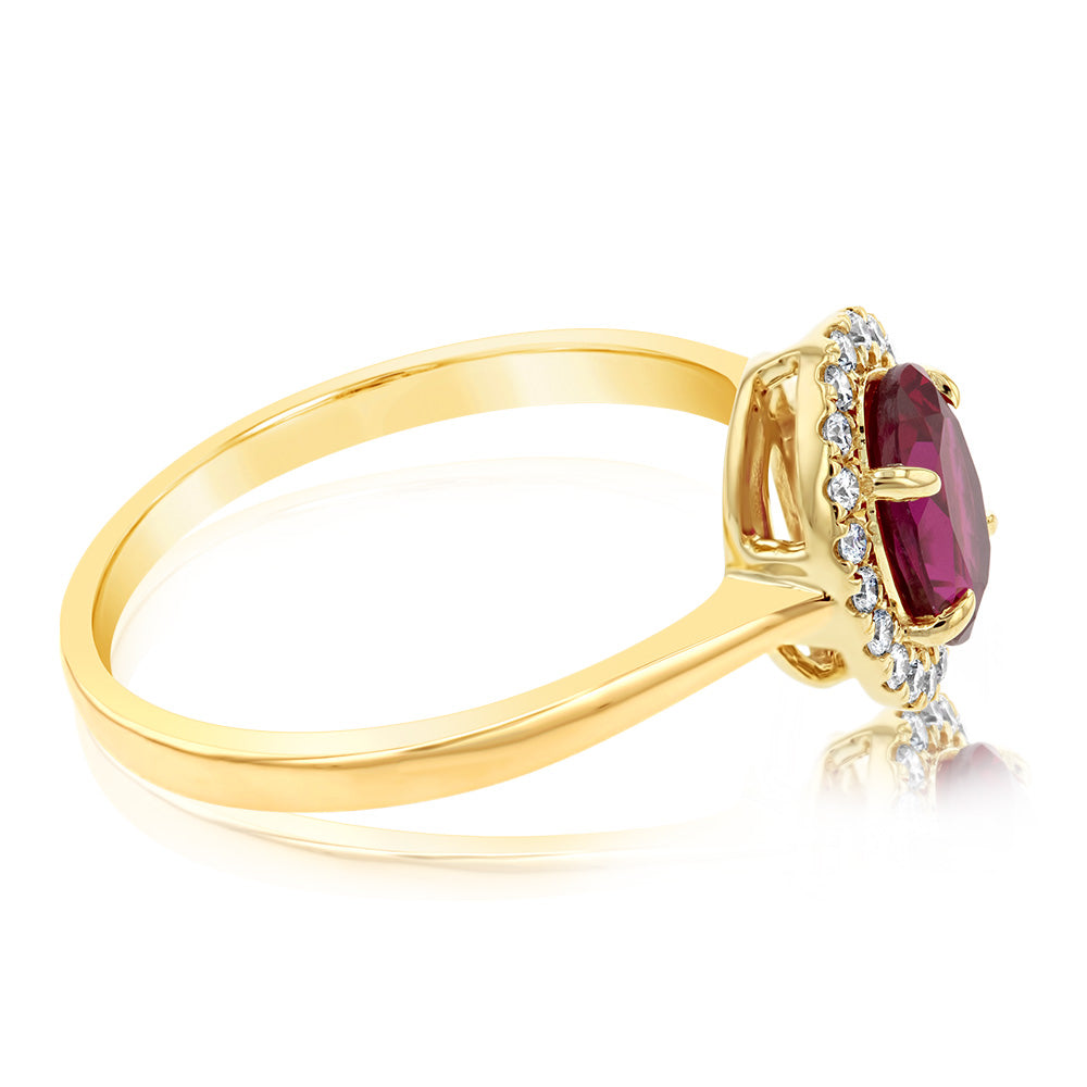 9ct Yellow Gold Oval Created Ruby with Diamond Halo Engagement Ring