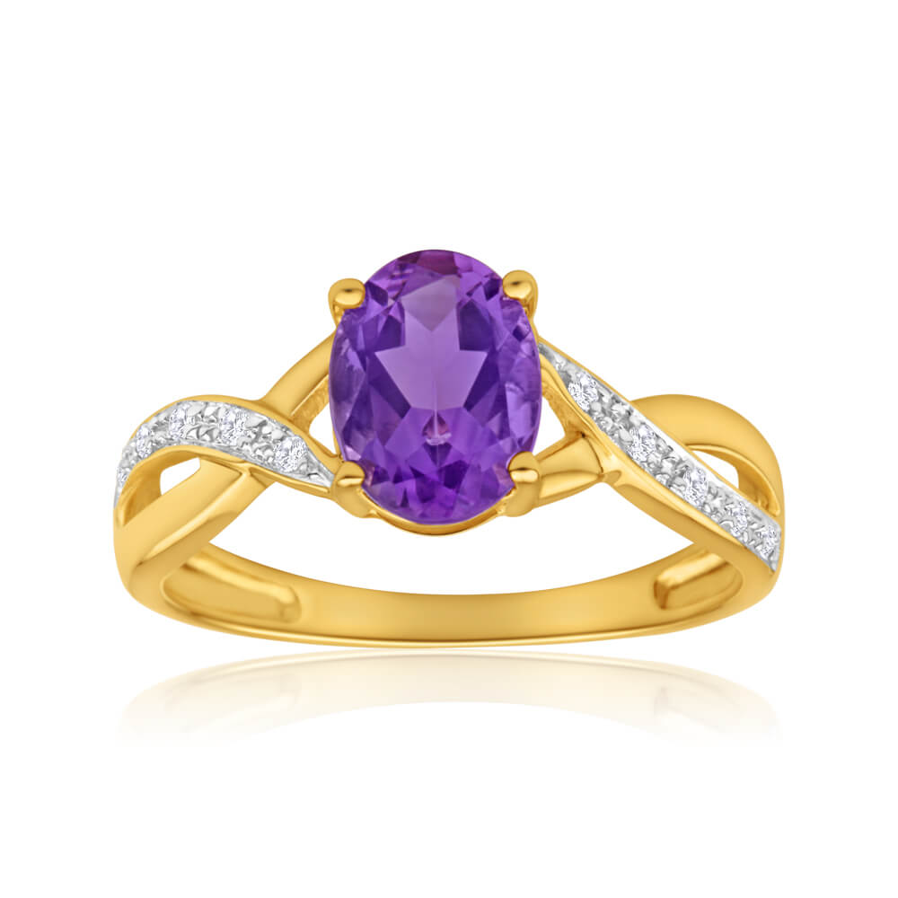 9 Carat Yellow Gold Crossover Ring with Sparkling Natural Amethyst and Diamonds