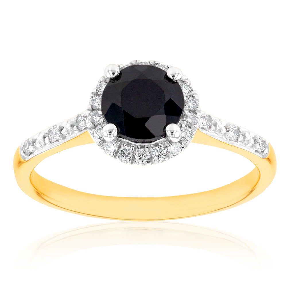 1.20ct Natural Sapphire and 1/10 Carat Diamond Halo Ring in 9ct Yellow Gold