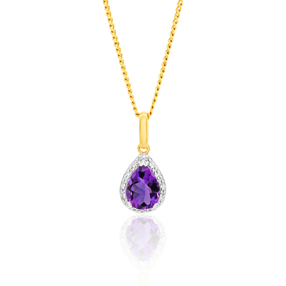 9ct Yellow Gold Elegant Amethyst and Diamond Pear-shaped Pendant for Jewelry Lovers