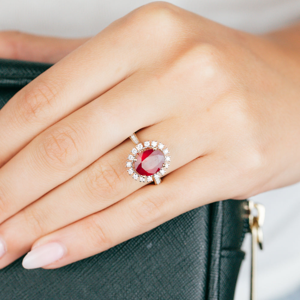 9ct Yellow Gold Ring Featuring 3 Carat Enhanced Natural Ruby and 1/3 Carat Diamonds