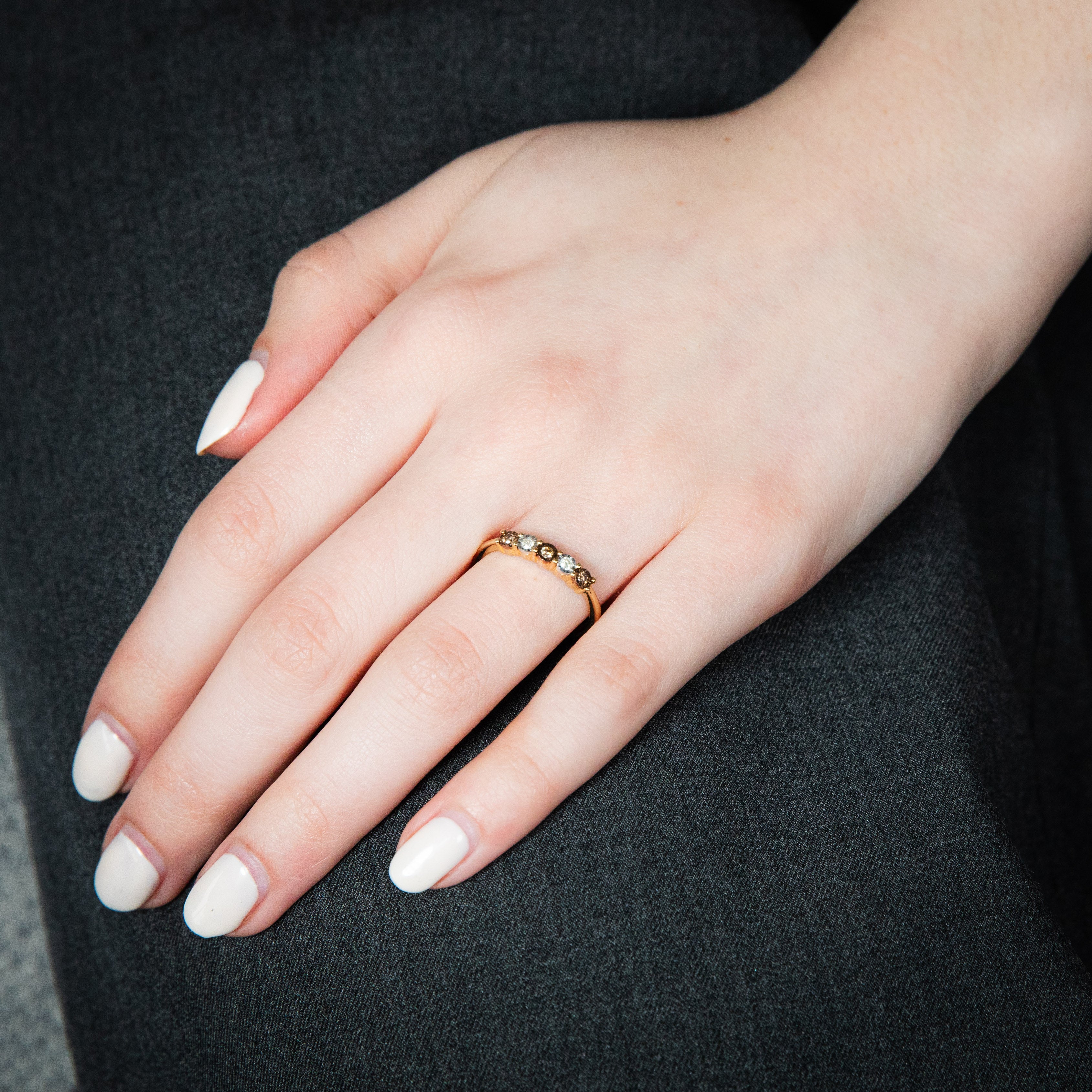 Exquisite 9ct Yellow Gold Ring Featuring Australian Champagne Diamond and 2 Brilliant White Diamonds
