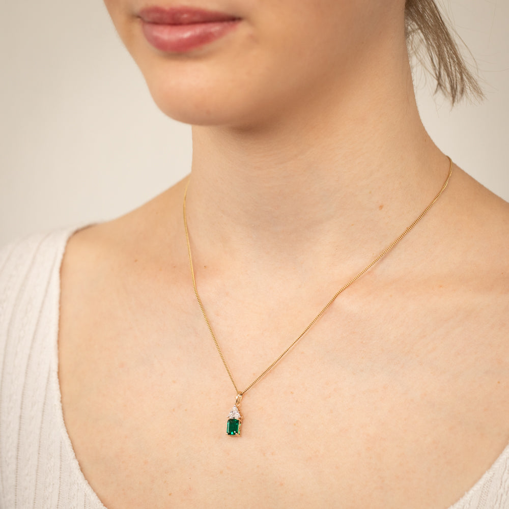 9-carat Yellow Gold 7-millimeter Pendant Featuring Lab-Created Emeralds and Diamonds