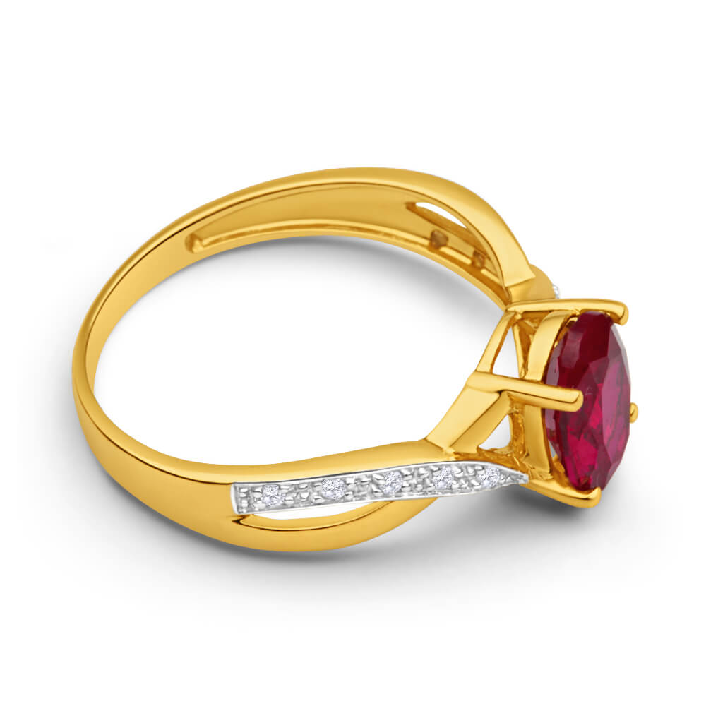 9 Carat Yellow Gold Ring Featuring Created Rubies and Diamonds in a Cross Over Design