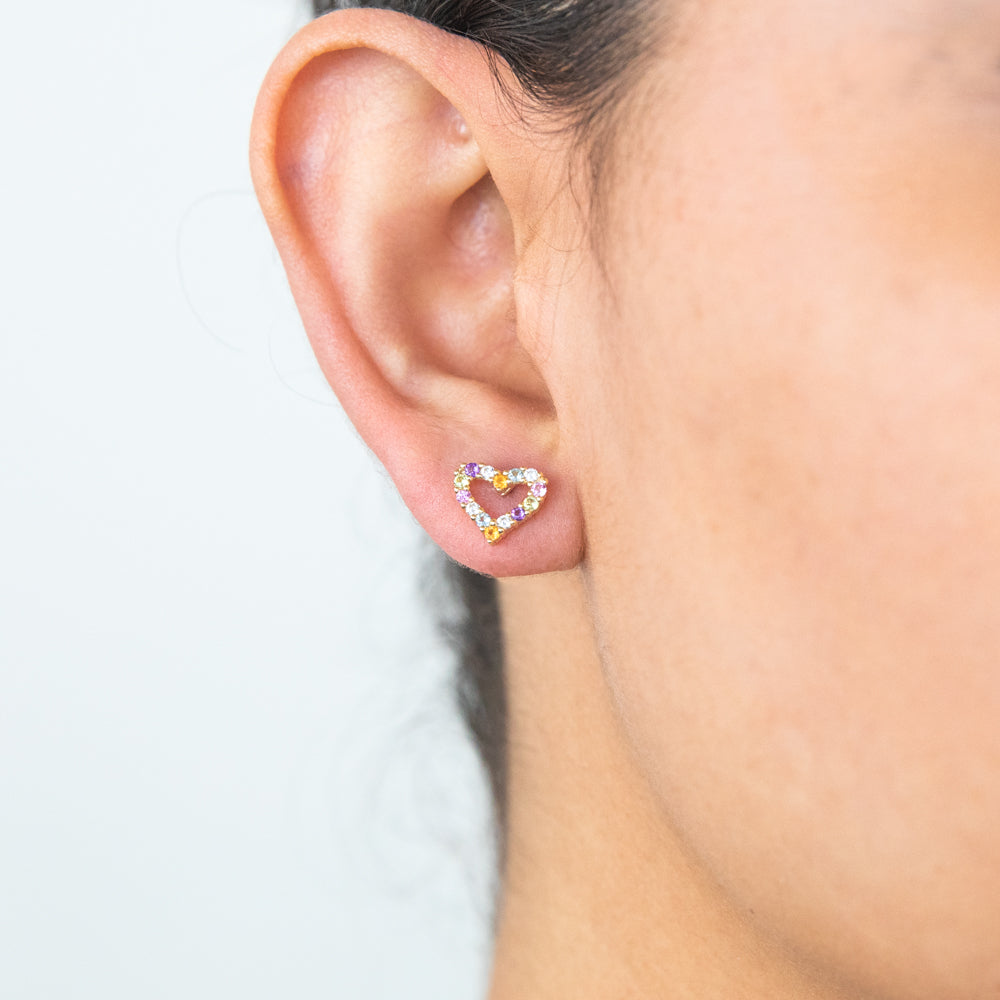 9-carat Yellow Gold Stud Earrings with Rainbow Gemstone Heart Design