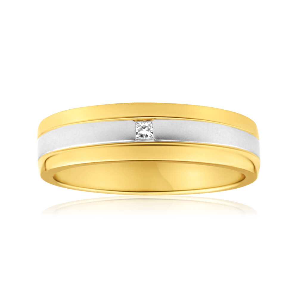 Exquisite 9ct Yellow and White Gold Grooved Men's Diamond Engagement and Wedding Ring