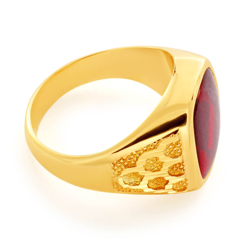 Stylish 9 Carat Yellow Gold Men's Ring with 14x12mm Lab-Created Garnet