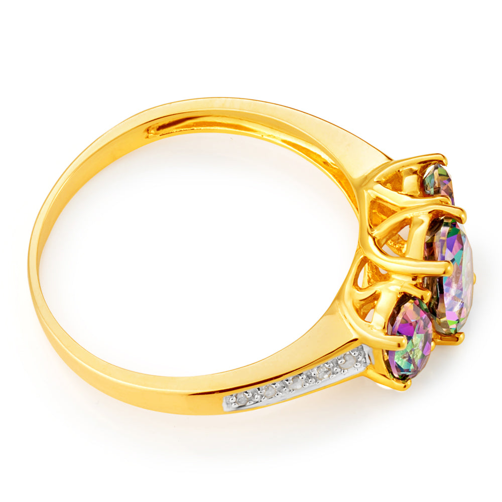 9ct Yellow Gold Mystic Topaz Oval Cut & Diamond Trilogy Enhanced Ring