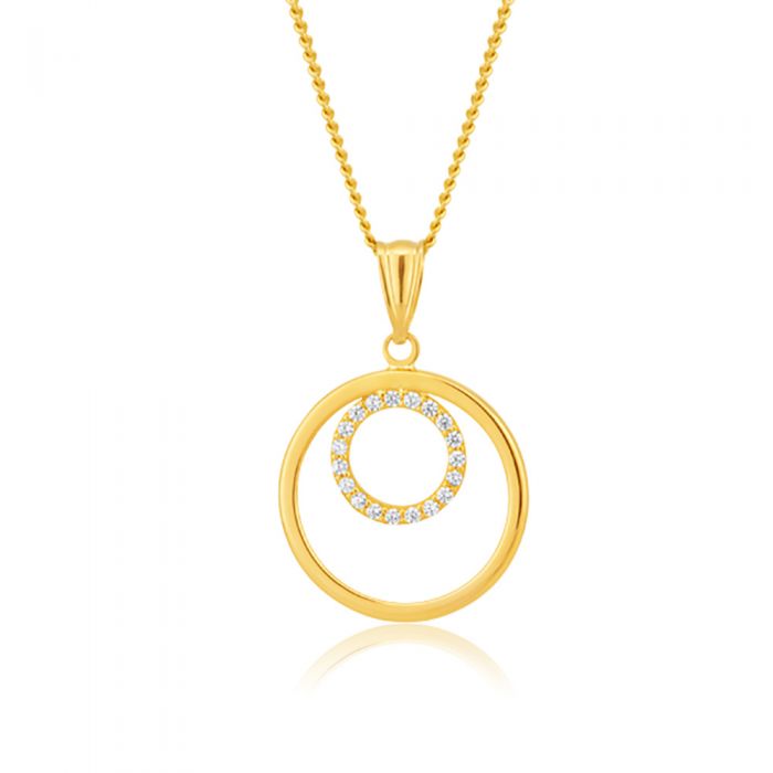 9ct Yellow Gold Fashionable Double Circle Zirconia Pendant for Jewelry Lovers