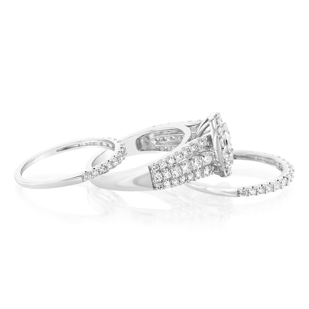 Exquisite 14 Carat White Gold 1.95 Carat Diamond Halo Bridal Three - Ring Set Featuring Brilliant - Cut Diamonds