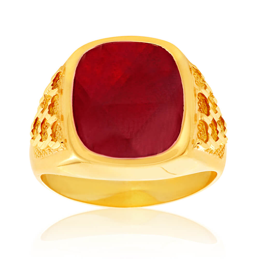 Stylish 9 Carat Yellow Gold Men's Ring with 14x12mm Lab-Created Garnet