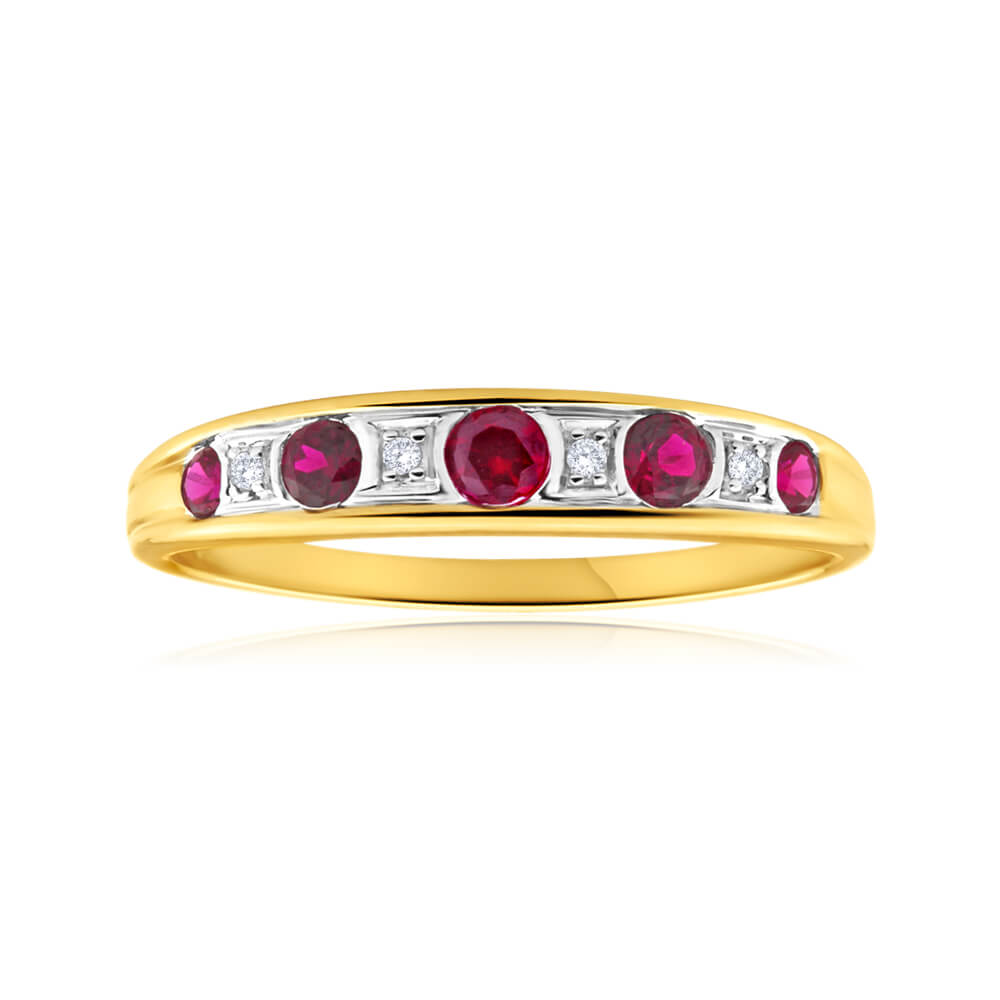 9 Carat Yellow Gold Ring Featuring 5 Lab - Created Rubies and Graduated Diamonds