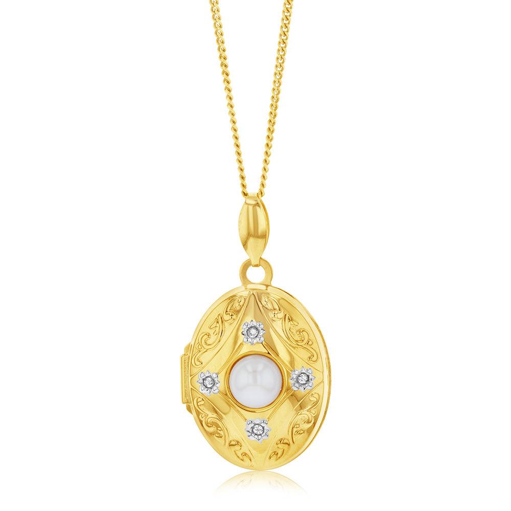 9ct Yellow Gold Oval Locket with Pearl and Diamonds
