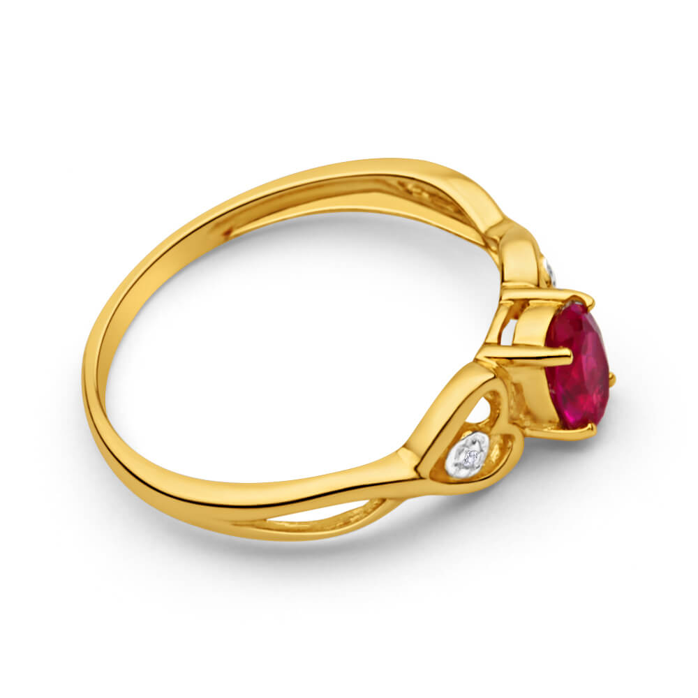 9ct Yellow Gold Ring with Oval Lab - Created Ruby and 2 Diamonds