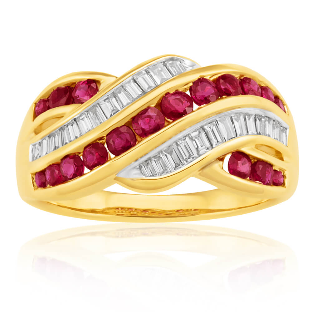 Stunning 9 Carat Yellow Gold Wave Ring Featuring 0.93 Carat Natural Ruby and 1/3 Carat Diamond
