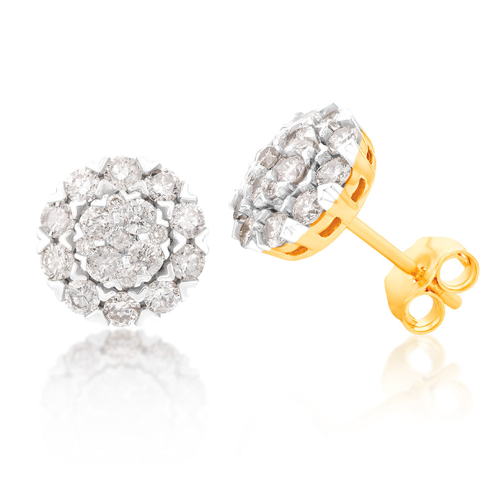 Stunning 9ct Yellow Gold 1 Carat Diamond Stud Earrings with 38 Sparkling Diamonds