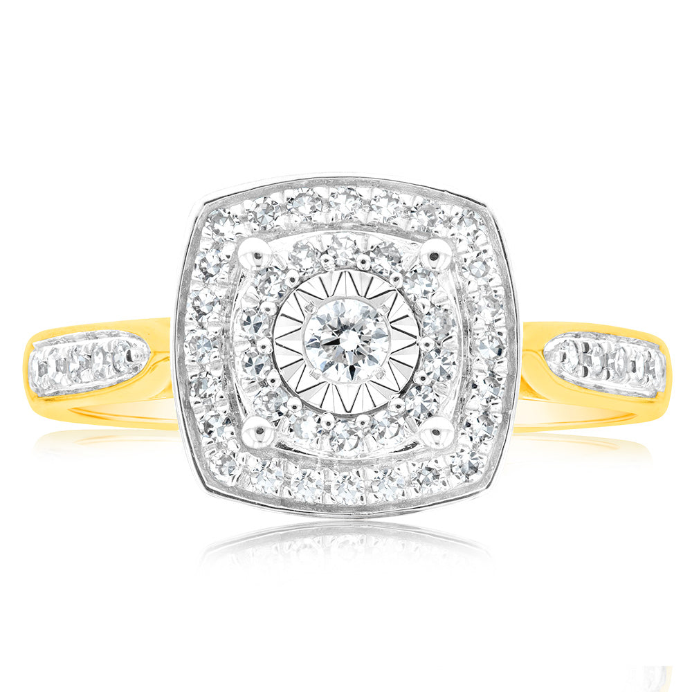9ct Yellow Gold Ladies' Claw Set Diamond Ring with a Total of 1/4 Carats of Diamonds