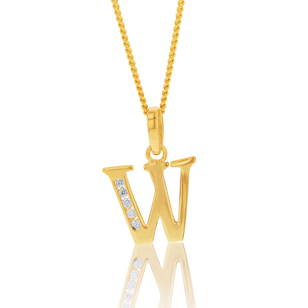 9 Carat Yellow Gold Initial W Pendant Embellished with Zirconia Stones - A Stunning Jewelry Piece