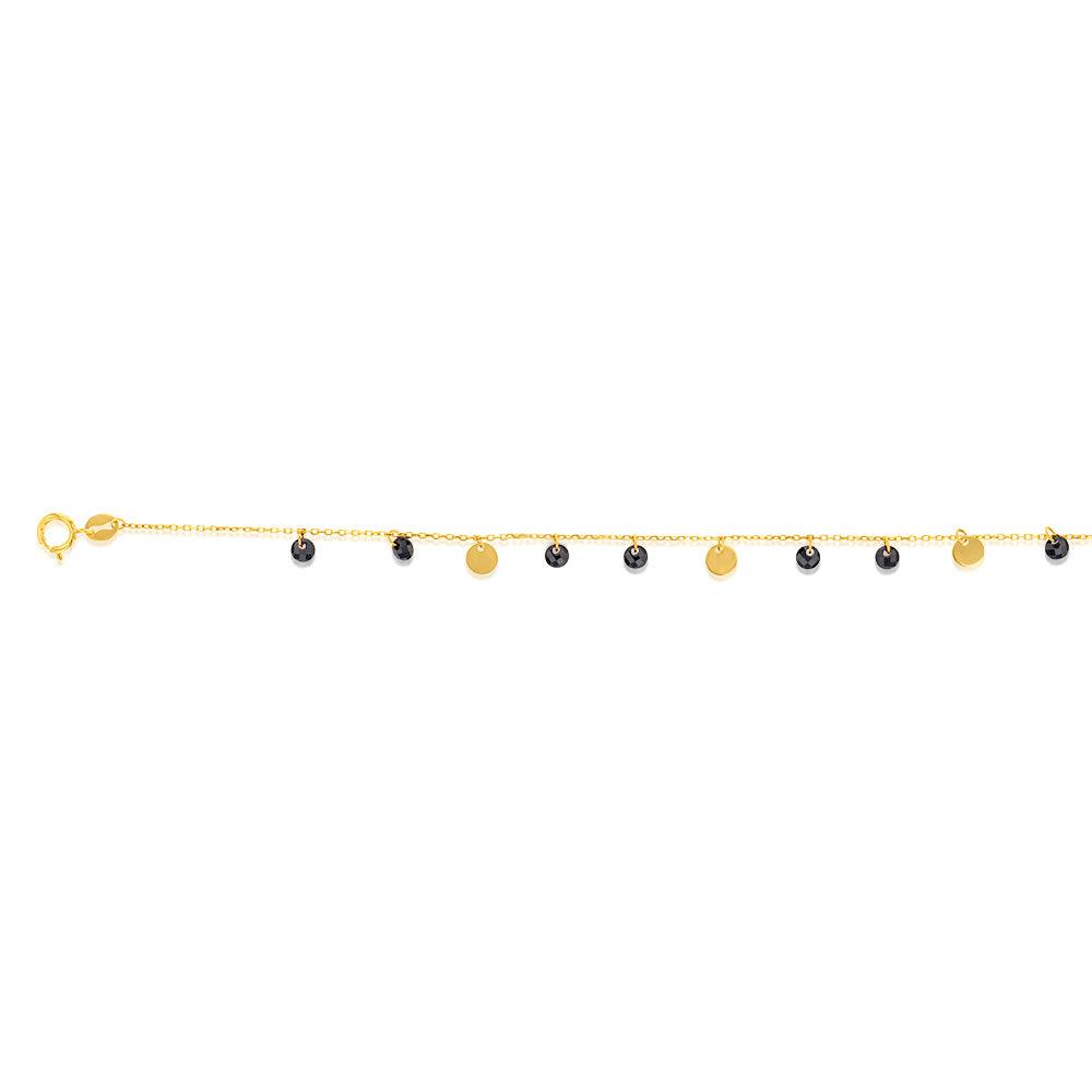 17.8cm 9ct Yellow Gold Bracelet with Black Zirconia and Gold Disc Charms