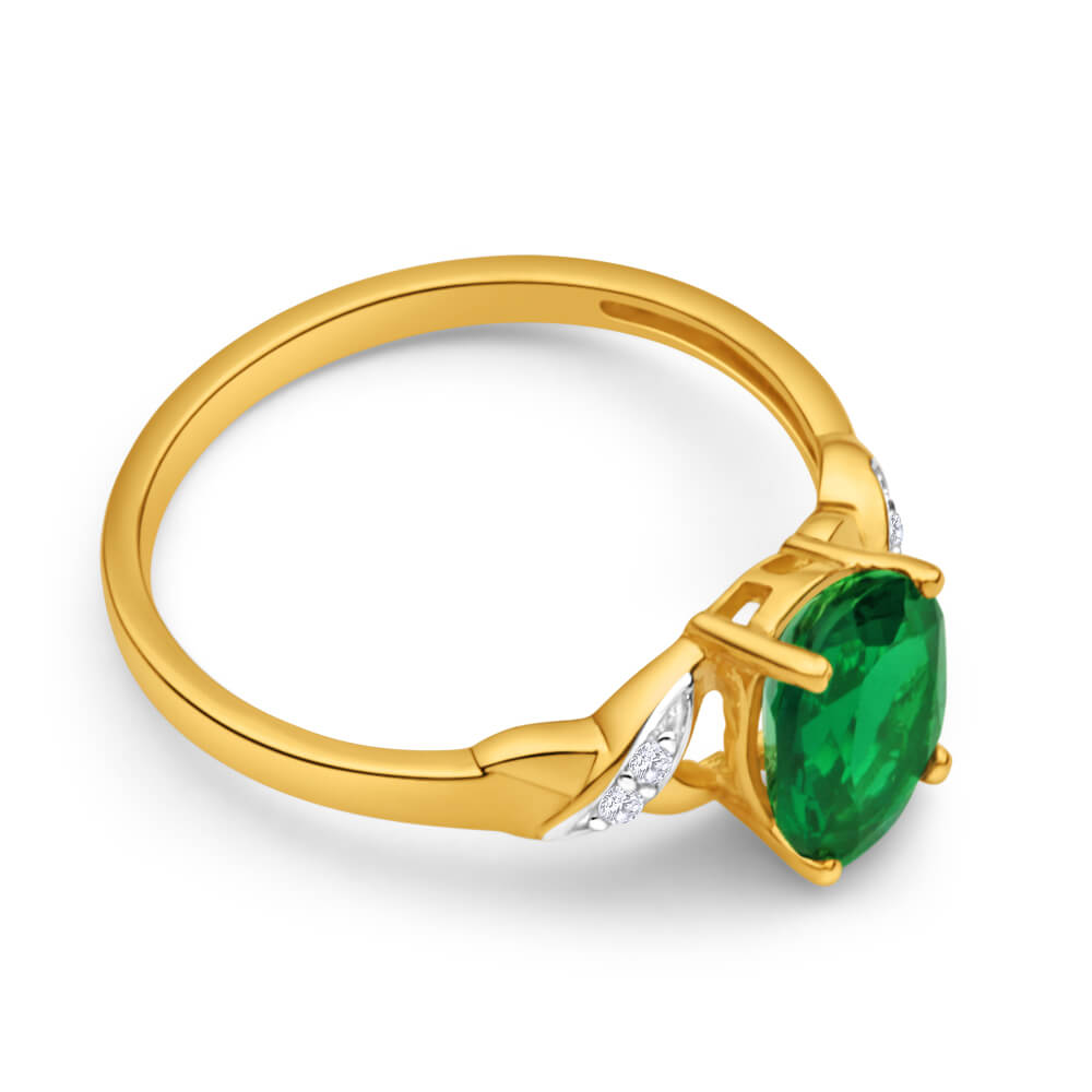 Stunning 9ct Yellow Gold Ring with Oval Created Emerald and Brilliant Diamonds