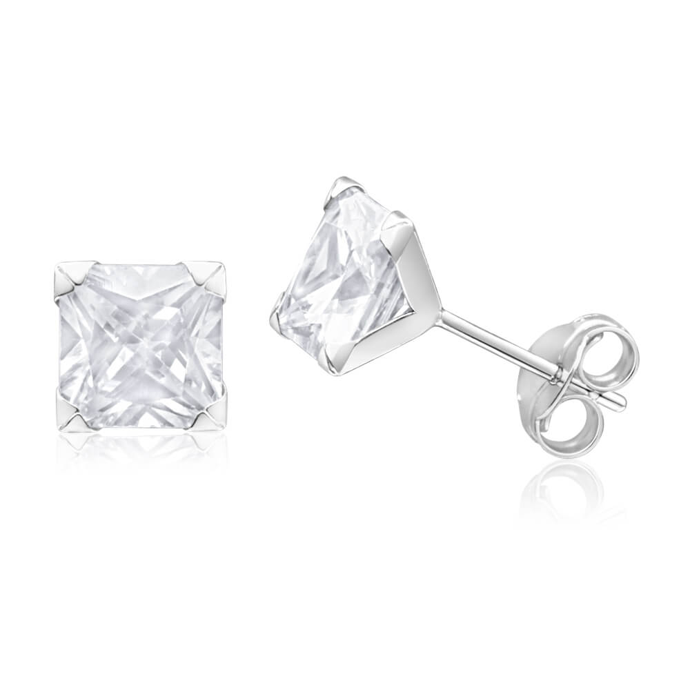 9ct White Gold Stud Earrings with 6mm Princess Cut Cubic Zirconias