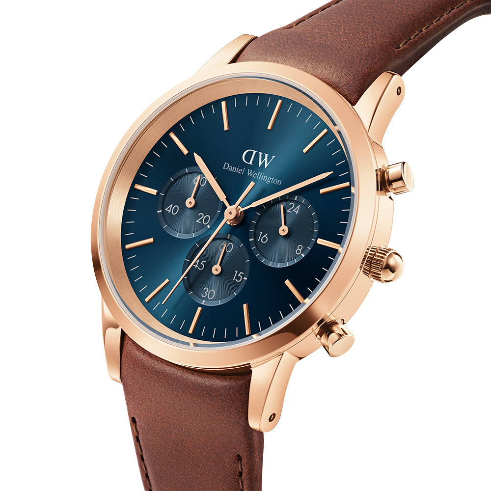 Daniel Wellington St Mawes Iconic Chronograph Watch Model DW00100639 with Arctic Blue Sunray Dial and Brown Leather Band