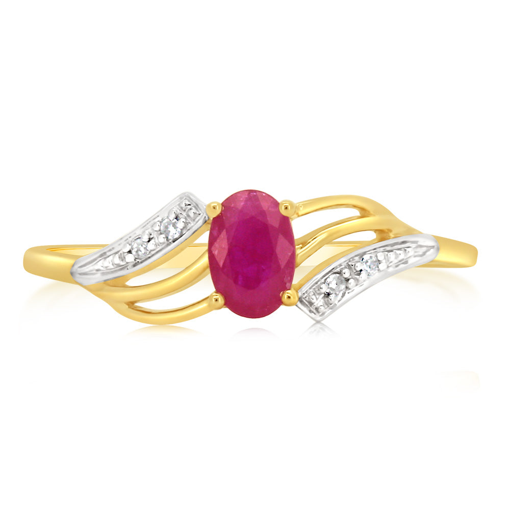 Exquisite 9 Carat Yellow Gold Ring Featuring 0.65 Carat Natural Ruby and Diamonds