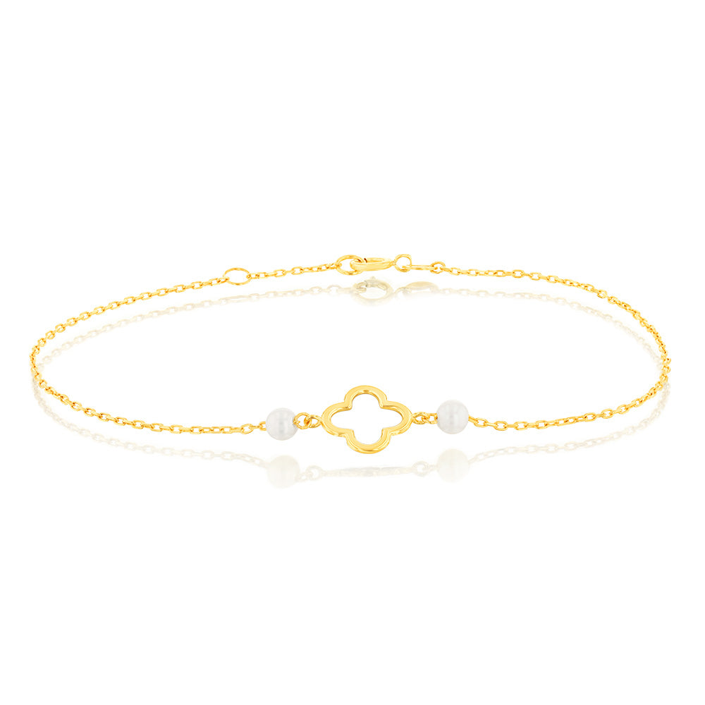 19.10cm 9ct Yellow Gold Bracelet with Leaf, Clover and Pearl