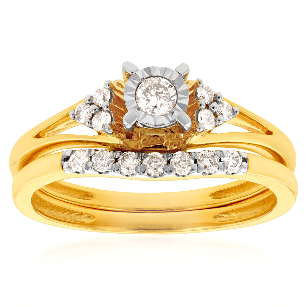 Exquisite 9ct Yellow Gold 1/4 Carat Diamond Bridal Ring Ensemble