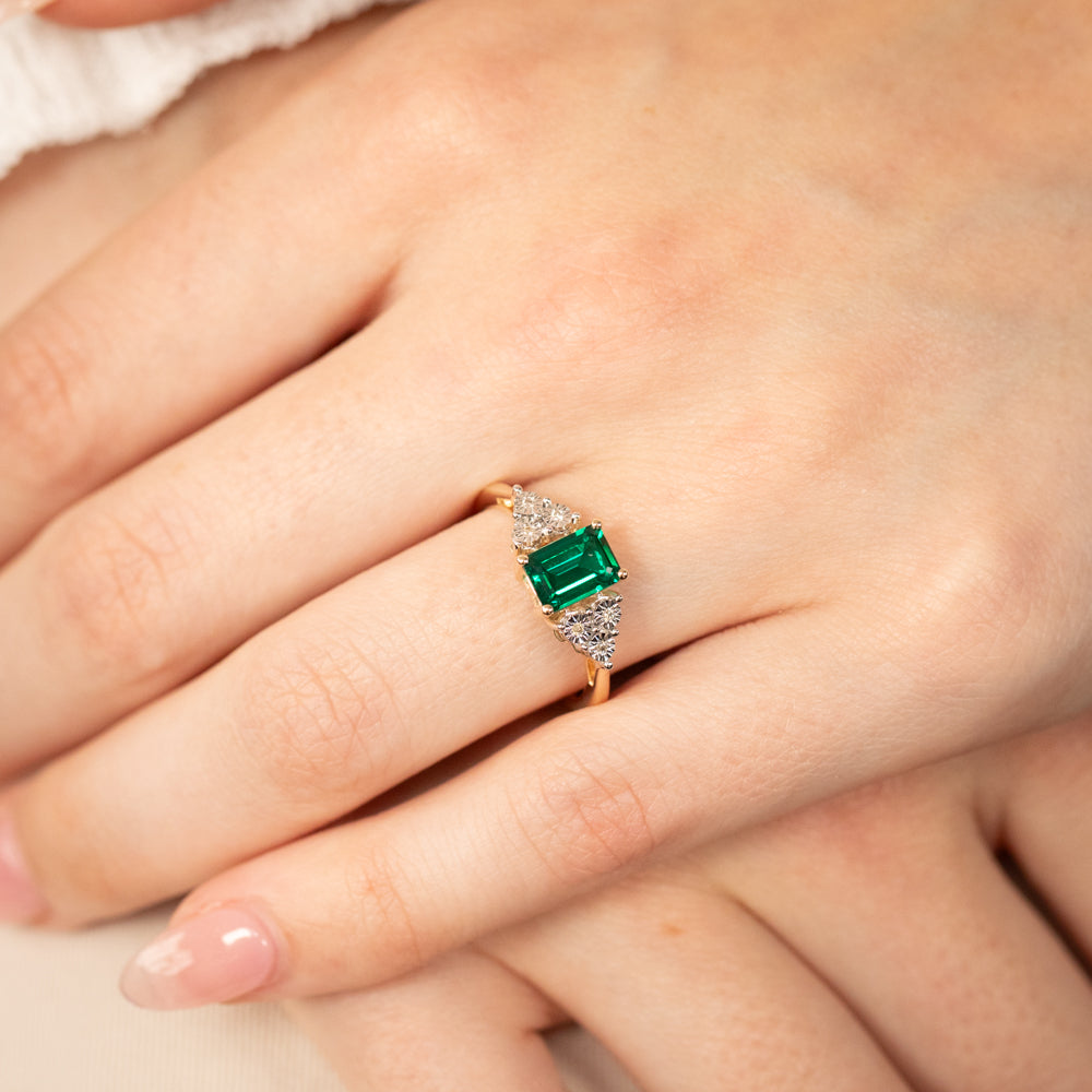 7mm 9ct Yellow Gold Ring with Lab - Created Emeralds and Diamonds