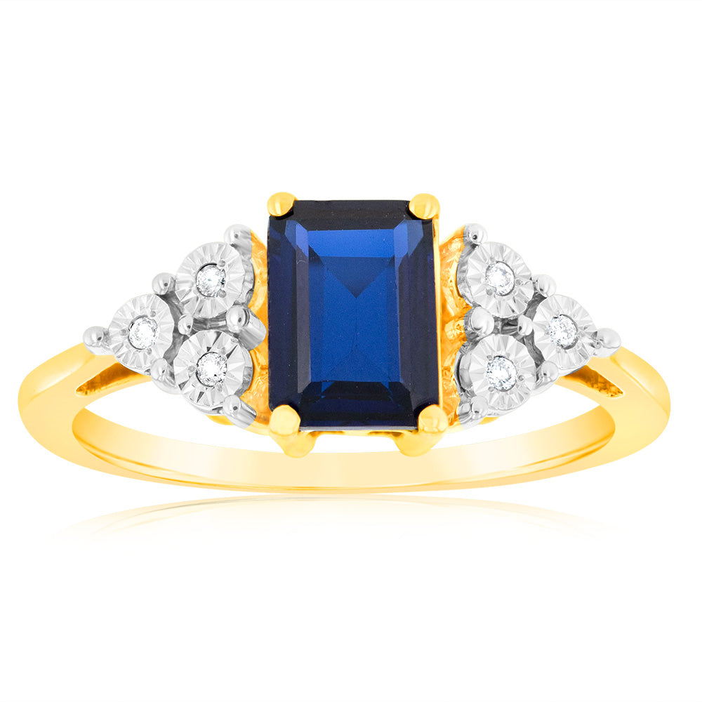 7mm 9ct Yellow Gold Ring with Created Sapphire and Diamonds