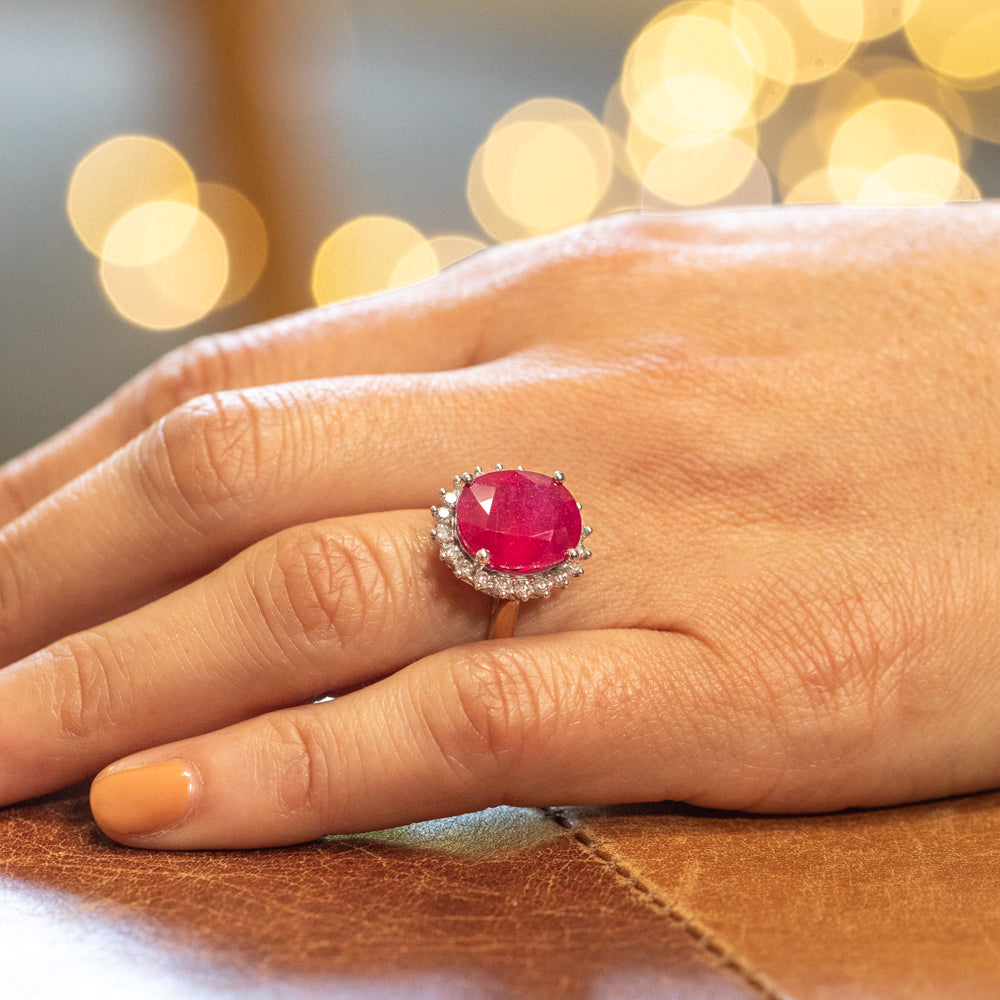 Stunning 9 Carat Yellow Gold Ring with 8 Carat Natural Enhanced Ruby and Half a Carat Diamond