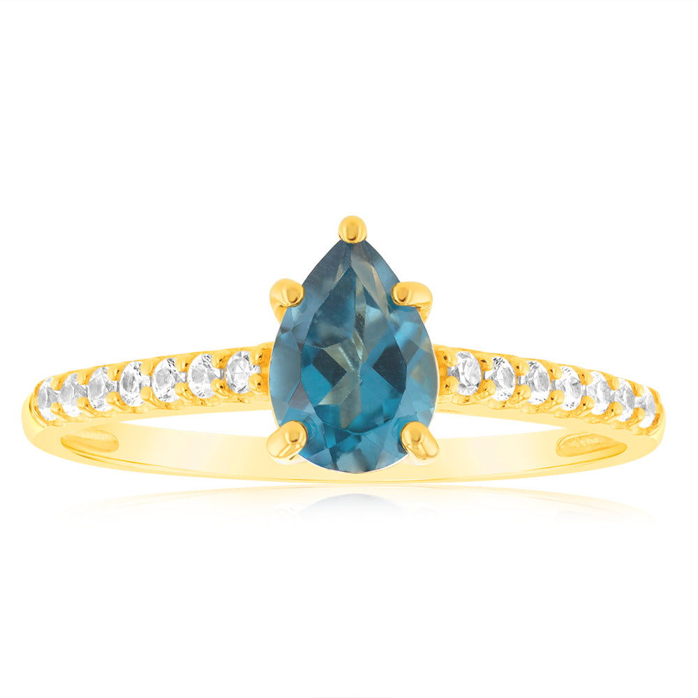 9ct Yellow Gold Ring with 1 London Blue Topaz, 12 Lab - Created Sapphires & 2 Single - Cut Diamonds