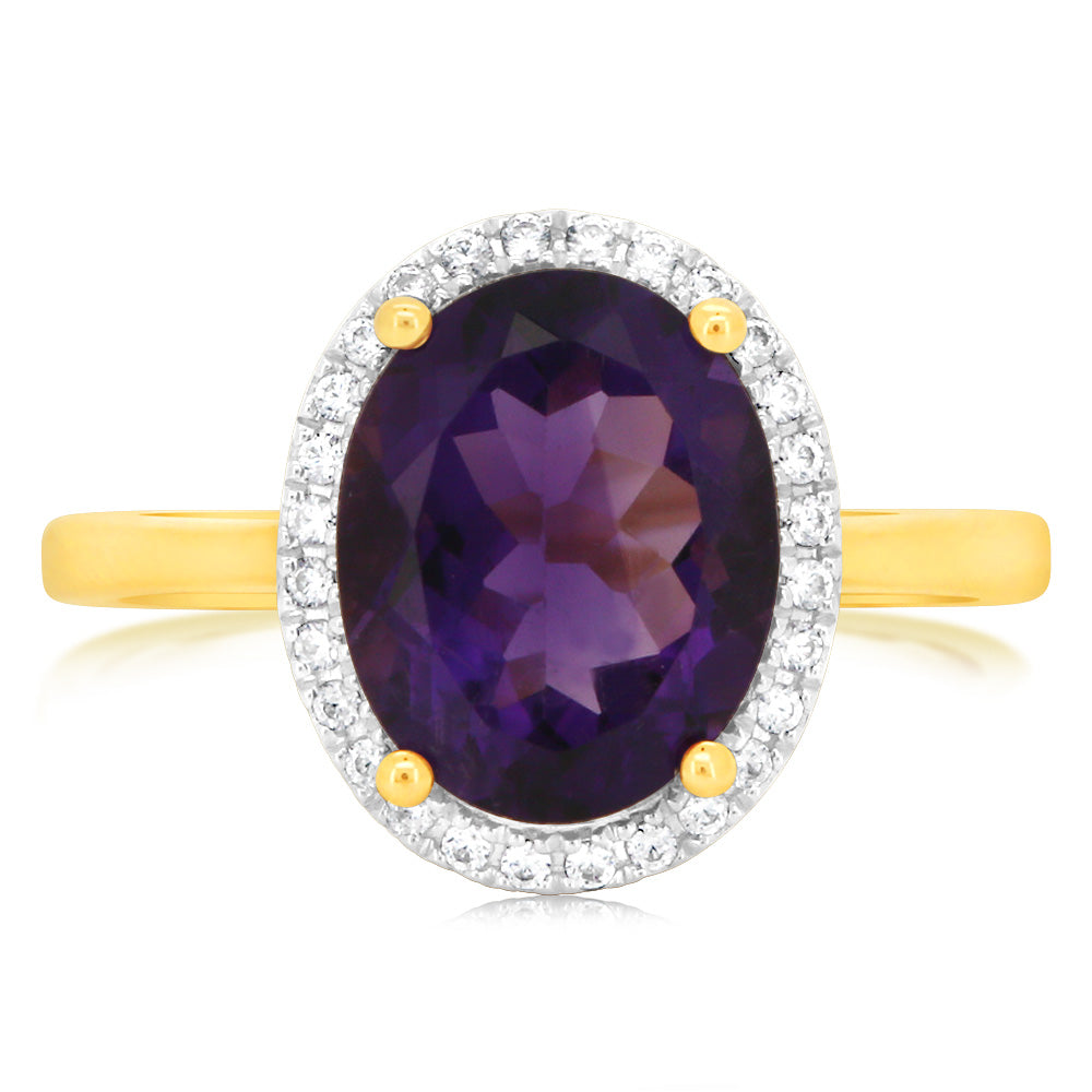 Stunning 9ct Yellow Gold Ring Featuring 2.5 Carat Amethyst and 28 Cubic Zirconia Stones