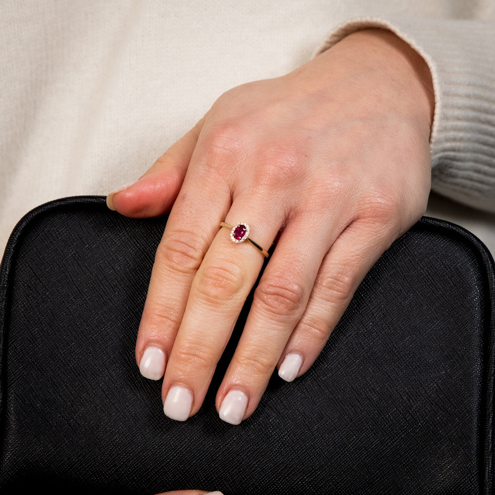 Stunning 9ct Yellow Gold Oval Lab-Created Ruby and Diamond Halo Engagement Ring