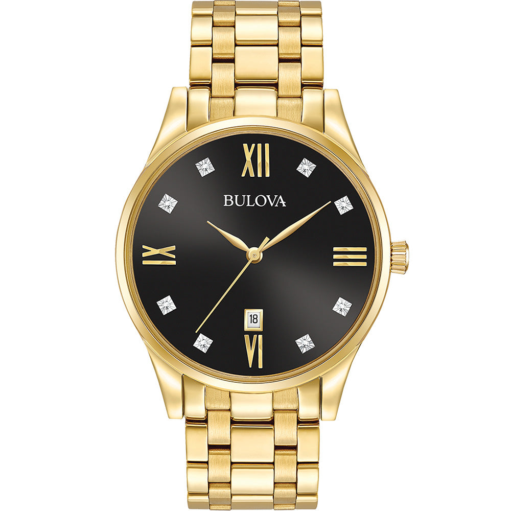 Bulova 97D108 42mm Stainless Steel Watch with 8 Diamond Black Dial