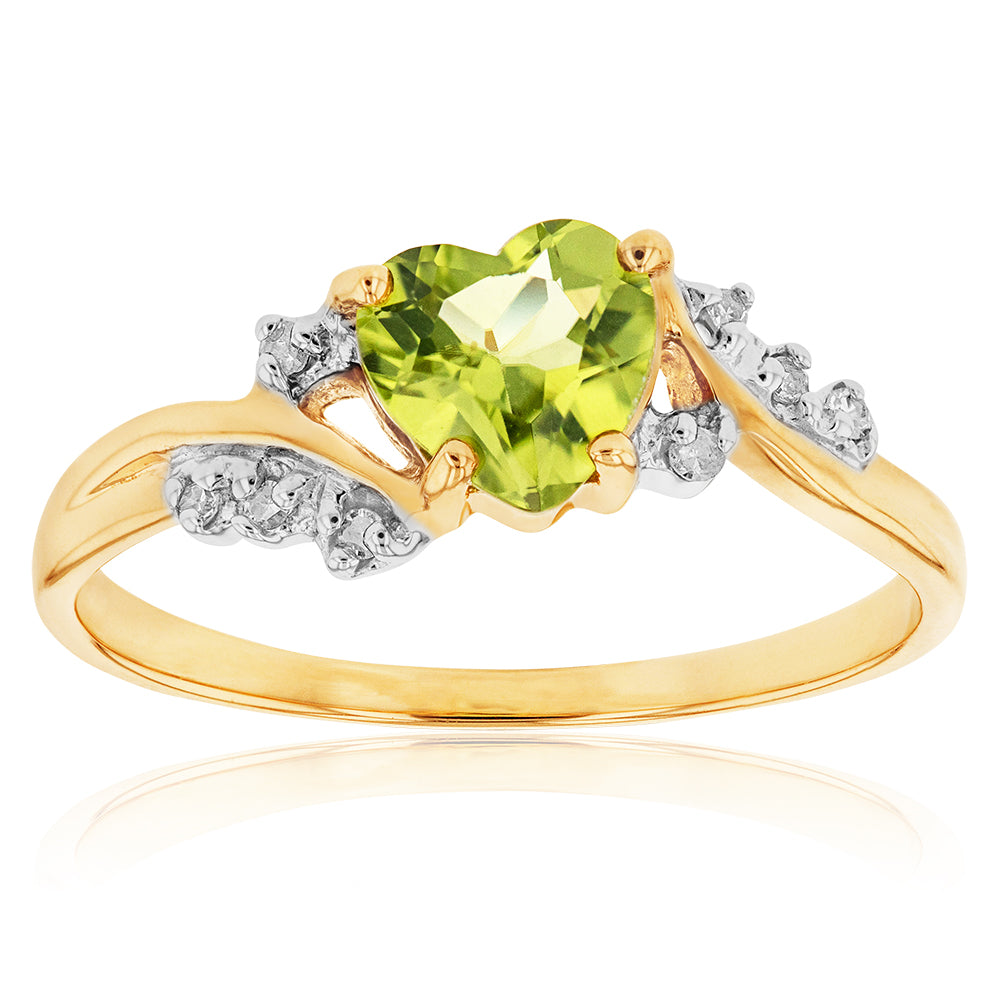 Stunning 9ct Yellow Gold Heart Ring with Peridot and Diamonds