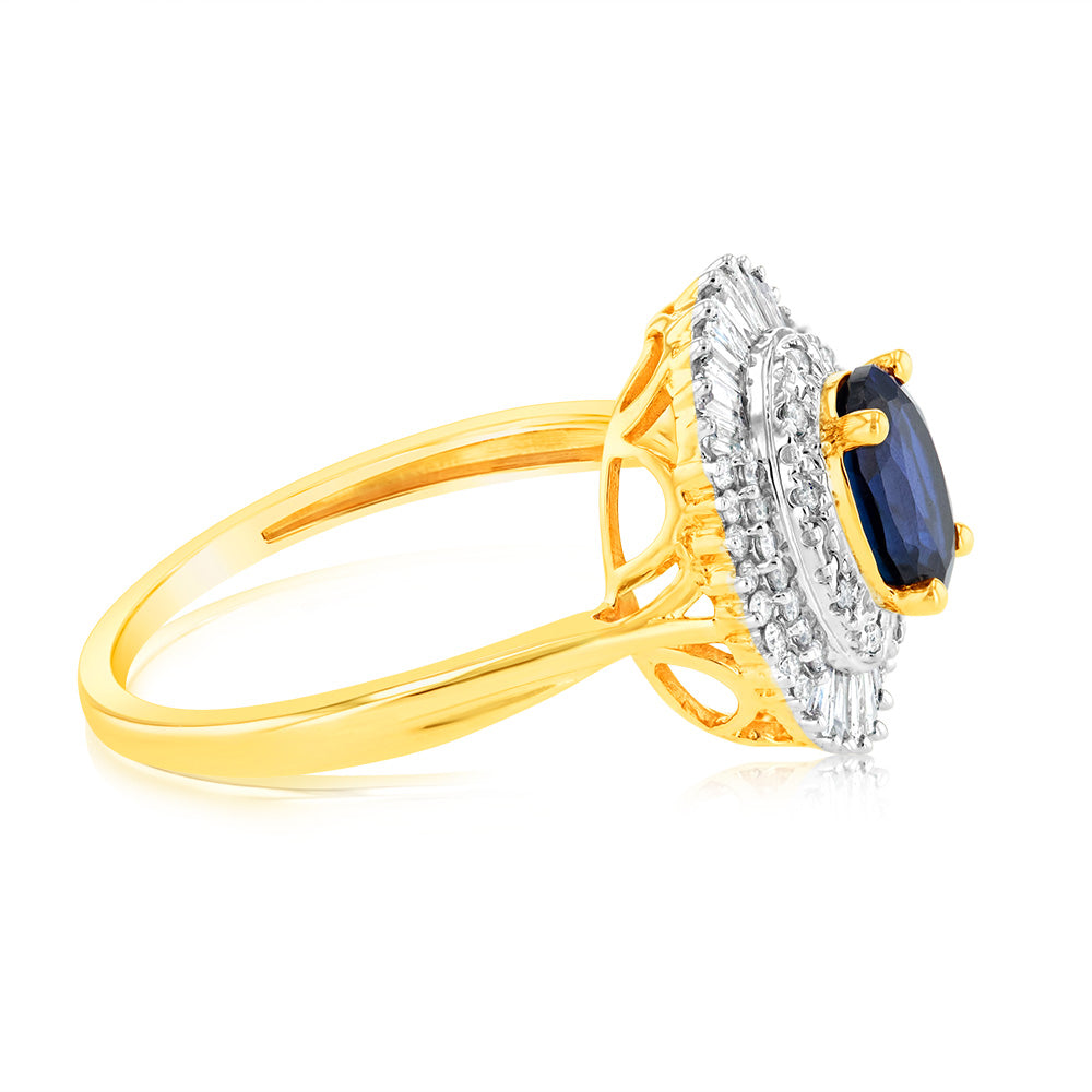 Exquisite 9ct Yellow Gold Ring Featuring Oval Created Sapphire and Sparkling Diamonds