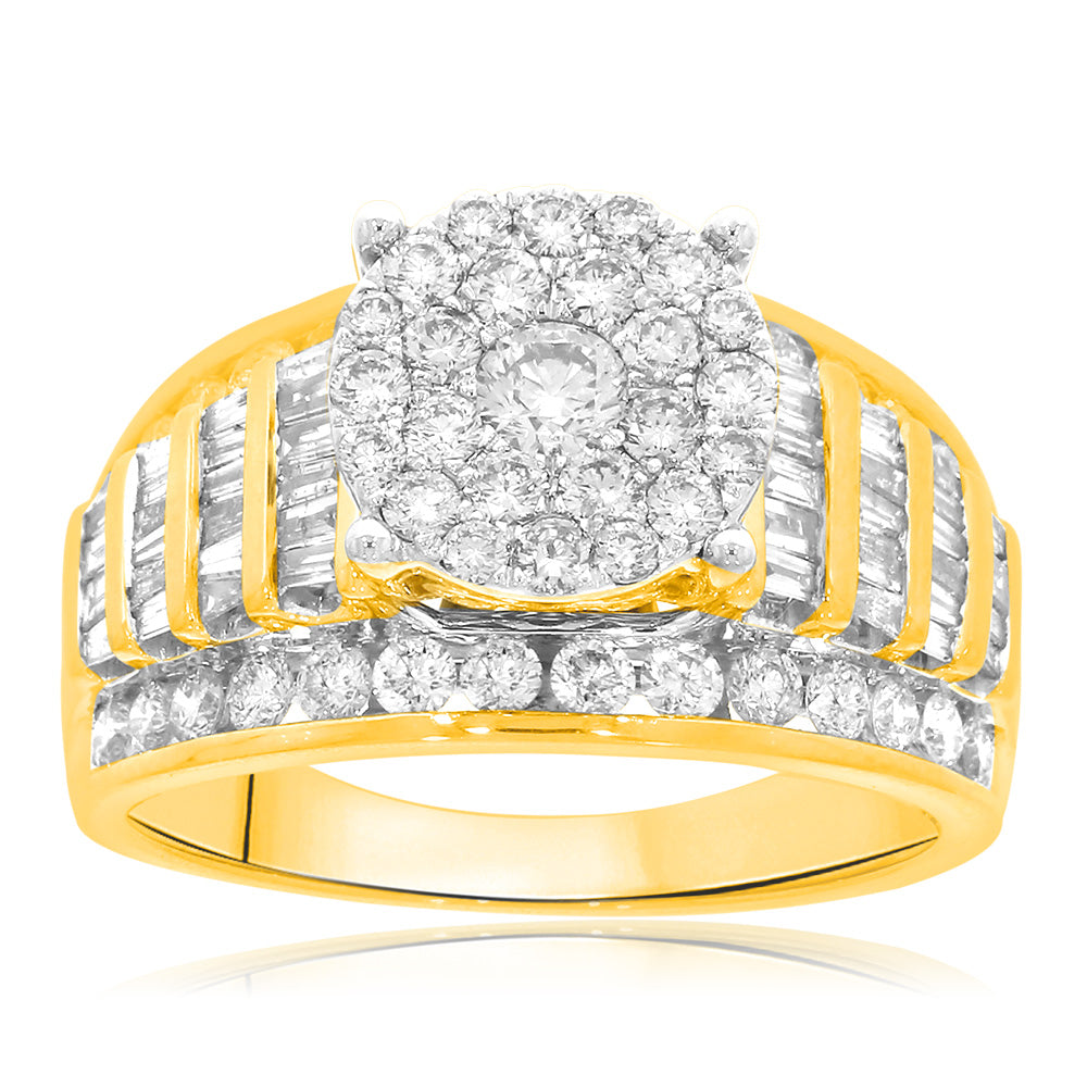 Stunning 9 Carat Yellow Gold 2 Carat Diamond Engagement Ring Set with 53 Sparkling and 44 Tapered Diamonds