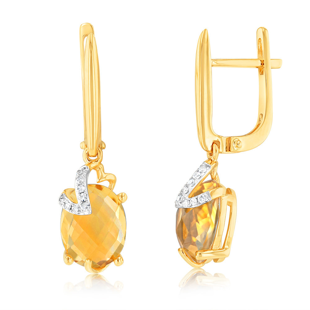 Stunning 9ct Yellow Gold Drop Earrings with Natural Citrine and Diamonds