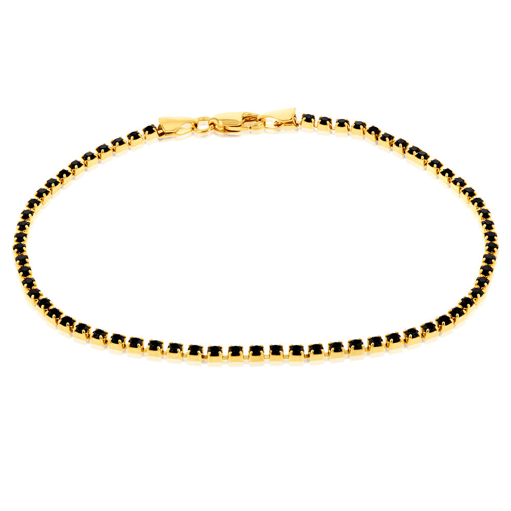 19cm 9 Carat Yellow Gold Bracelet with Round Black Cubic Zirconia Stones