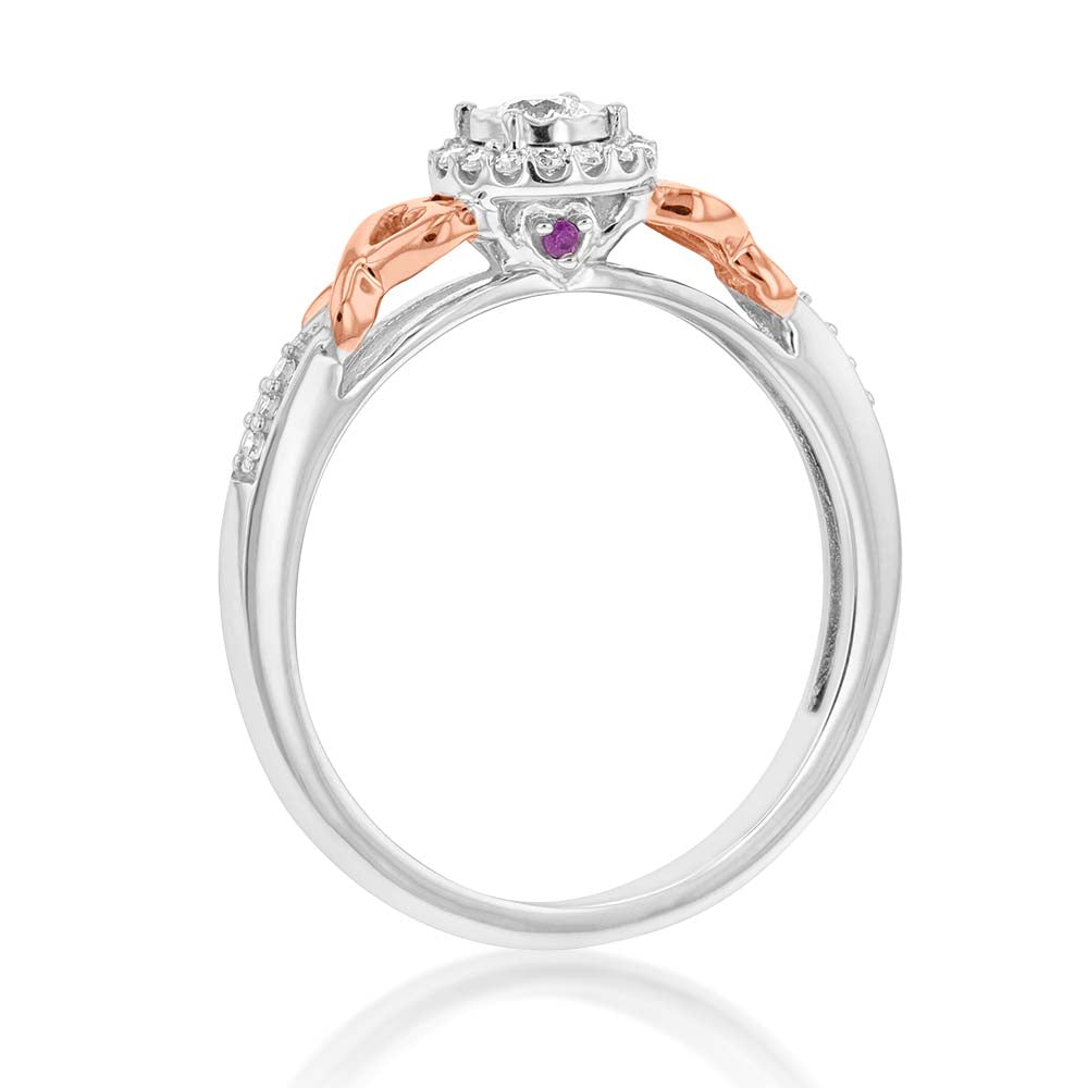 Exquisite 10 Carat White Gold Engagement Ring Adorned with Natural Enhanced Pink Sapphires and Rose Gold Heart Detailing on the Band
