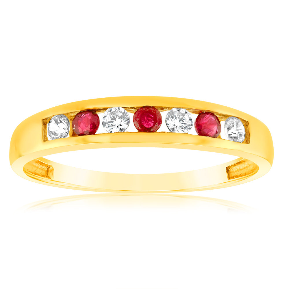 9-carat Yellow Gold Ring with Lab-Created Rubies and Cubic Zirconias in Channel Setting